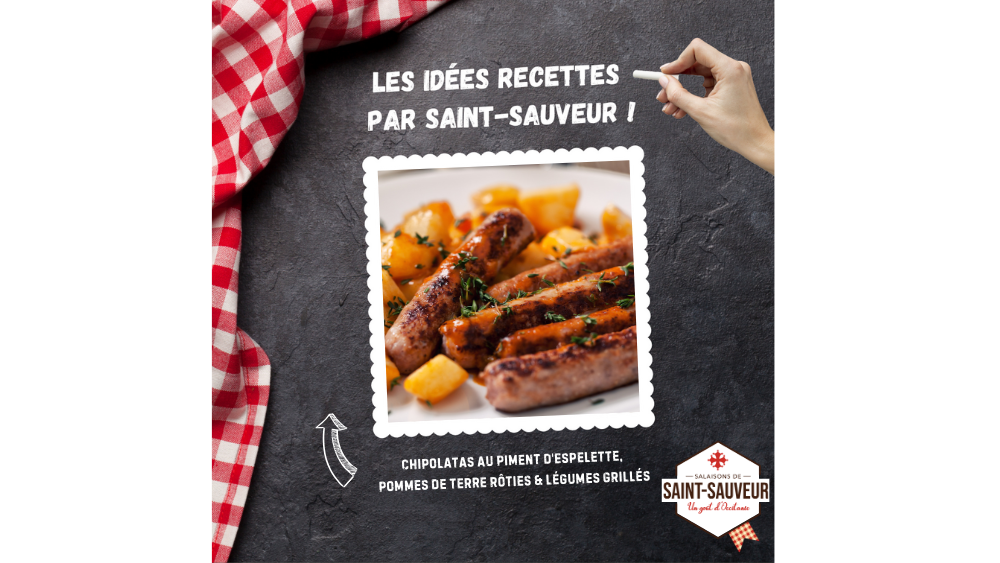 Recette : chipolatas au piment d'Espelette, pommes de terre rôties et légumes grillés